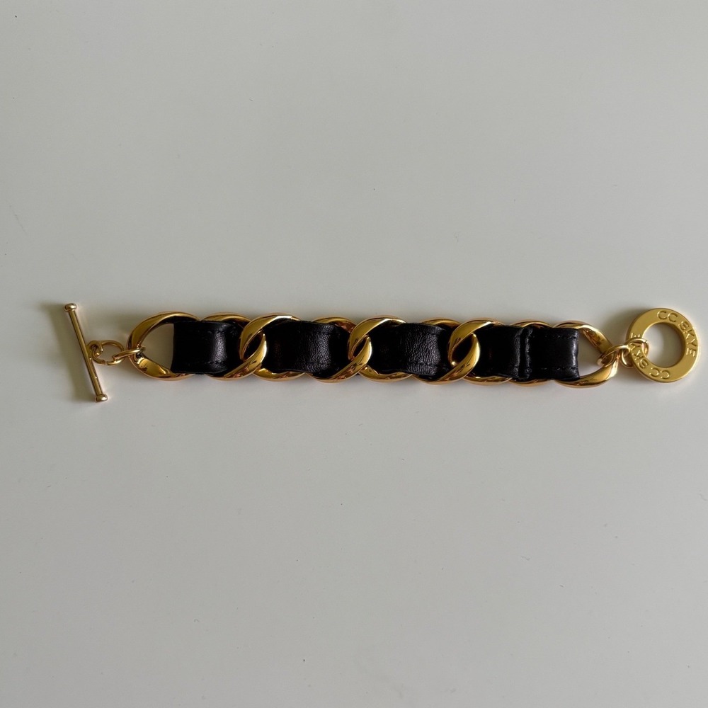 CC Skye Black Leather 18K Gold Plated Chain Link Toggle Bracelet Branded Charm